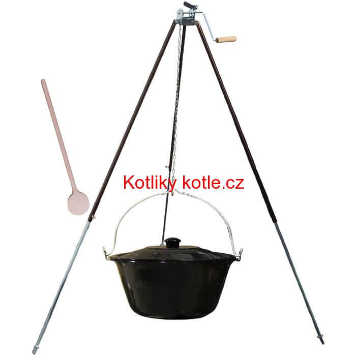 Smaltovaný kotlík 30 L (1,2 mm) + teleskopická trojnožka s pojistnou kladkou + poklice