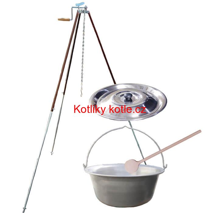 Nerezový kotlík 15 L (1,5 mm) + teleskopická trojnožka s pojistnou kladkou + poklice