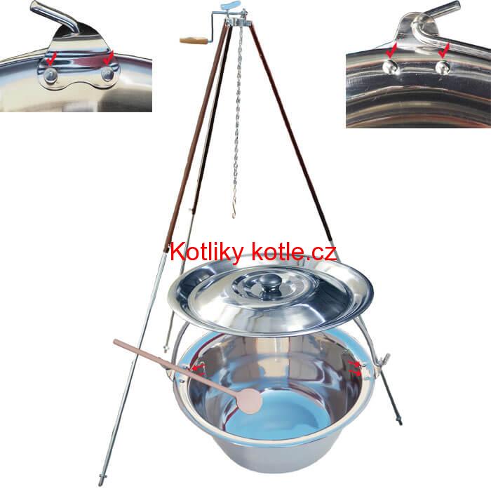Nerezový kotlík 30 L (0,8 mm) s nýty + teleskopická trojnožka s pojistnou kladkou + poklice
