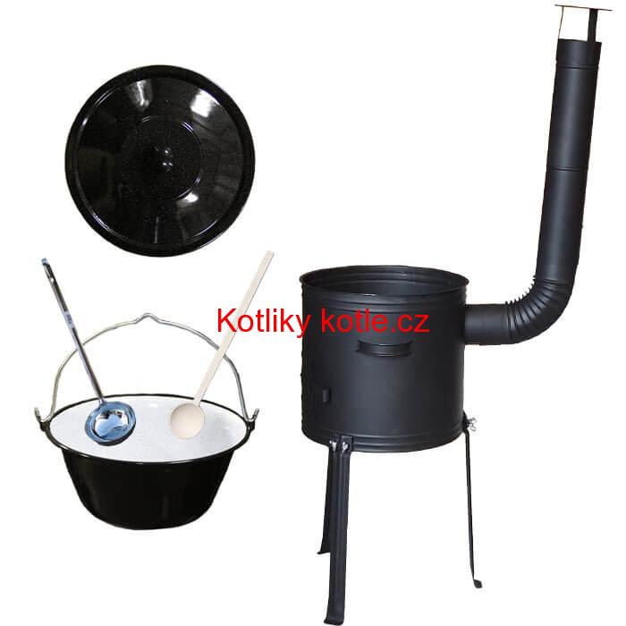 Smaltovaný kotlík 13 L (1,2 mm) + kovová kotlina s vysokými nožičkami 36 cm, žáruvzdorná barva Plus 700 + vařečka a naběračka