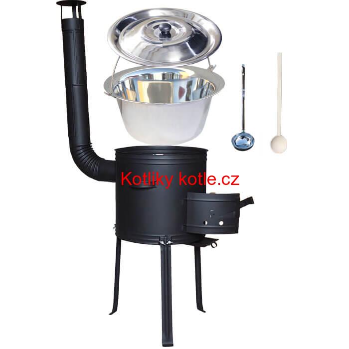 Nerezový kotlík 15 L (1,2 mm) + kovová kotlina s vysokými nožičkami 36 cm, žáruvzdorná barva Plus 700 + vařečka a naběračka