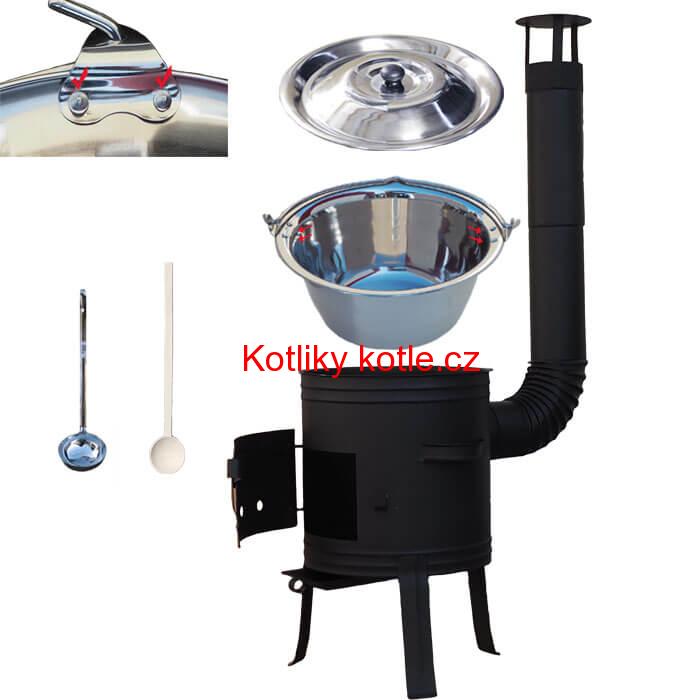 Nerezový kotlík 10 L (0,8 mm) s nýty + nízká žáruvzdorná kotlina 33 cm PLUS 700 + vařečka a naběračka