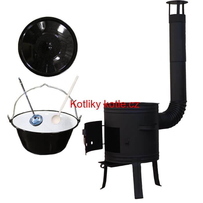 Smaltovaný kotlík 10 L (1,2 mm) + nízká žáruvzdorná kotlina 33 cm PLUS 700 + vařečka a naběračka