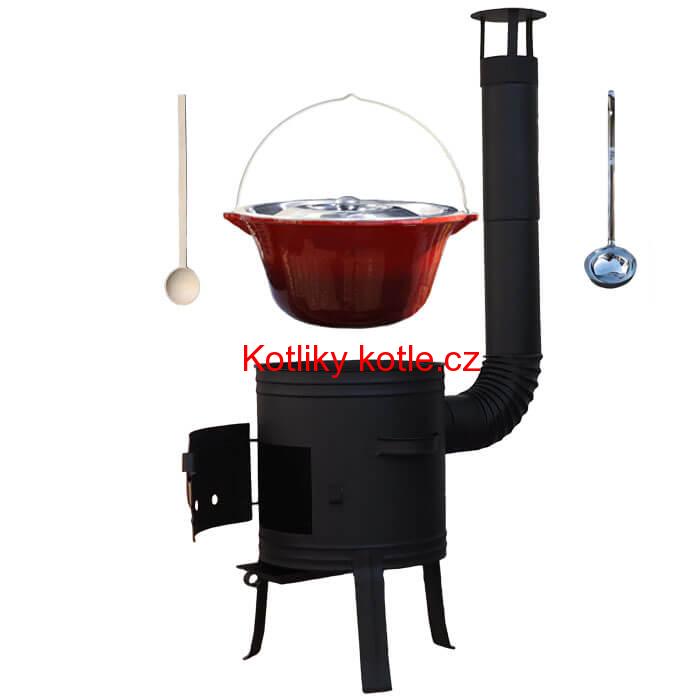 Litinový kotlík 10 L se smaltovanou úpravou + nízká žáruvzdorná kotlina 33 cm PLUS 700 + vařečka a naběračka
