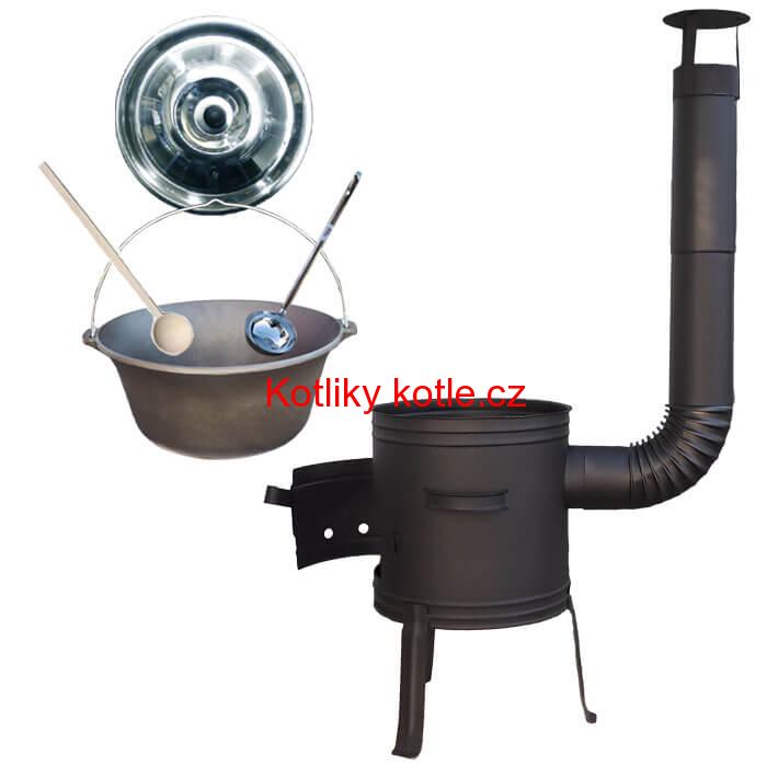Litinový kotlík 10 L + nízká žáruvzdorná kotlina 33 cm PLUS 700 + vařečka a naběračka