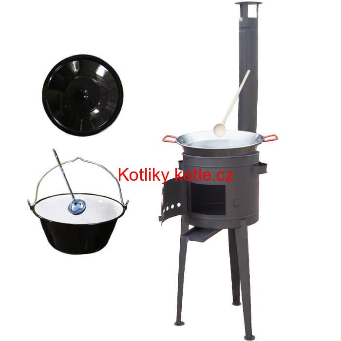 Smaltovaný kotlík 20 L (1,2 mm) + Paella ocelová pánev 46 cm + žáruvzdorná vysoká kotlina 42 PLUS 600