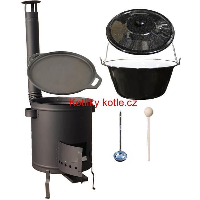 Smaltovaný kotlík 20 L (1,2 mm) + Litinová pánev 43 cm + silnostěnná (1,5 mm) a žáruvzdorná kotlina 42 PLUS 600
