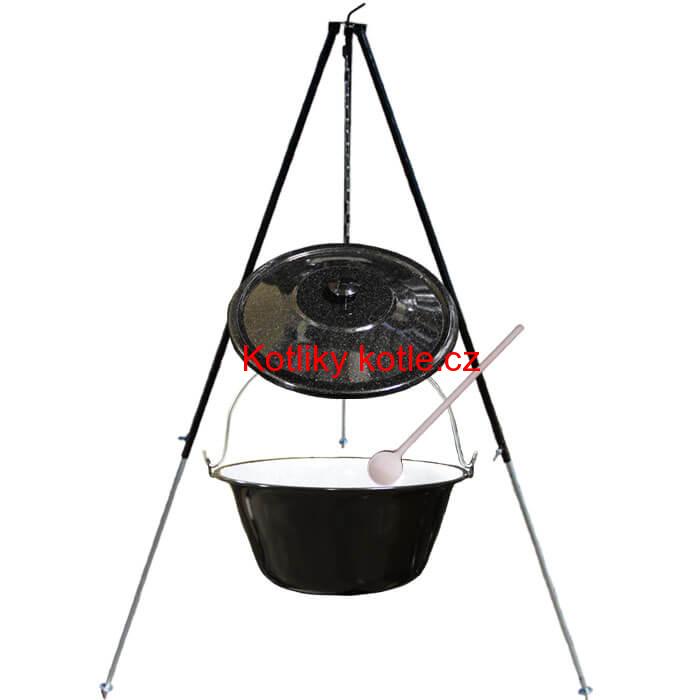 Smaltovaný kotlík 40 L + poklice + teleskopicka trojnožka 1,7 m
