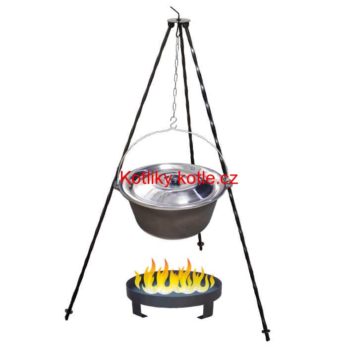 Litinový kotlík 10,8 L + nerezová poklice  + trojnožka 1,2 m + ohniště 36 cm