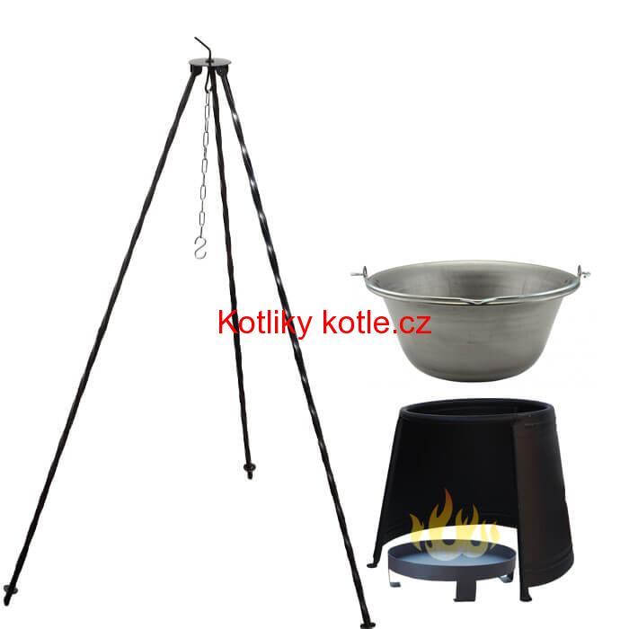 Železný kotlík 14 L (0,75 mm) + chránič plamene 37 cm + ohniště 36 cm + trojnožka 1,2 m
