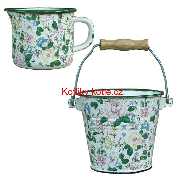 Smaltovaný hrnek s výlevkou 1 L + vědro 1 L DECOR