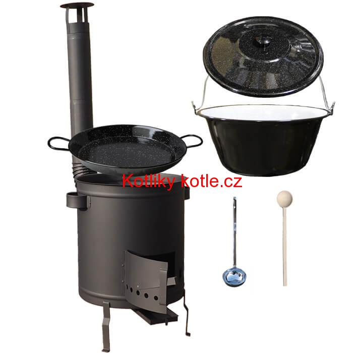 Smaltovaný kotlík 13 L (1,2 mm) + Paella pánev 38 cm + silnostěnná (1,5 mm) žáruvzdorná kotlina (1,5 mm) 36 PLUS 600