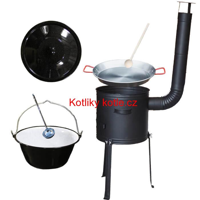 Smaltovaný kotlík 20 L + Paella pánev 46 cm + kovová kotlina s vysokými nožičkami 42 cm, žáruvzdorná barva Plus 700