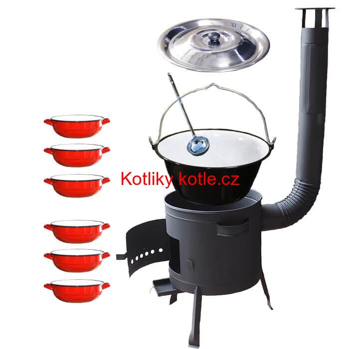 Smaltovaný kotlík 20 L + selské misky 6 ks + nízká žáruvzdorná kotlina 42 cm PLUS 600