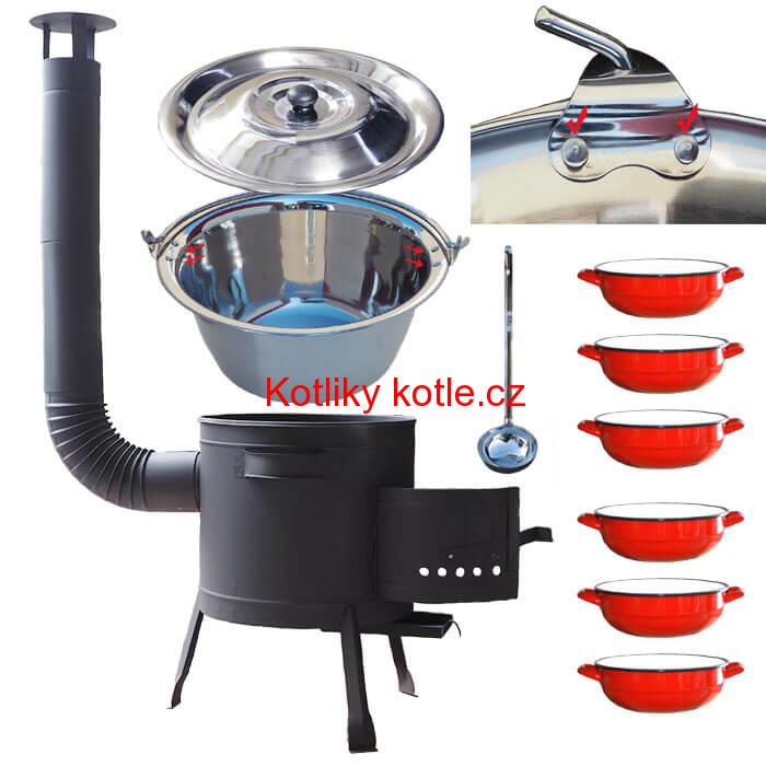 Nerezový kotlík 15 L (0,8 mm) s nýty INOX + selské misky 6 ks + nízká žáruvzdorná kotlina 36 cm PLUS 600