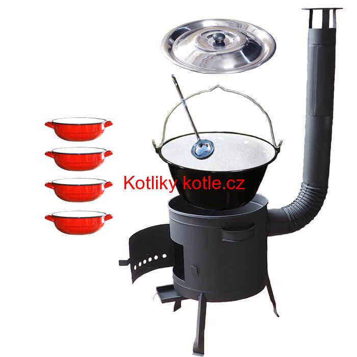 Smaltovaný kotlík 16 L + selské misky 4 ks + nízká žáruvzdorná kotlina 39 cm PLUS 600