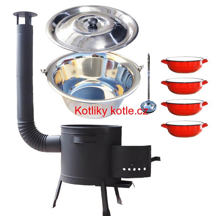 Nerezový kotlík 22 L (0,8 mm) INOX + selské misky 4 ks + nízká žáruvzdorná kotlina 42 cm PLUS 600
