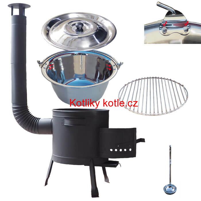 Nerezový kotlík 20 L (0,8 mm) s nýty INOX + Nerezový rošt 45 cm + nízká žáruvzdorná kotlina 42 cm PLUS 600