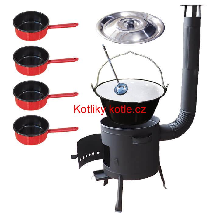Smaltovaný kotlík 30 L + smaltovaný rendlík 4 ks + nízká žáruvzdorná kotlina 45 cm PLUS 600