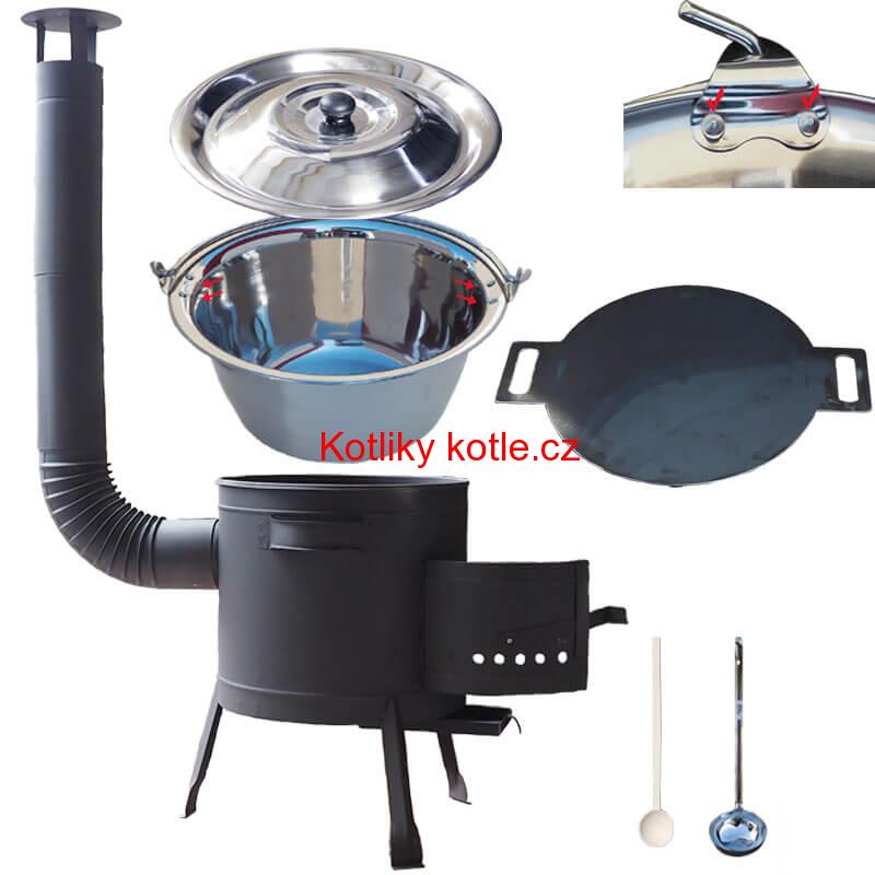 Nerezový kotlík 15 L (0,8 mm) s nýty + železná pánev 38 cm UNI + kotlina 36 cm PLUS 600