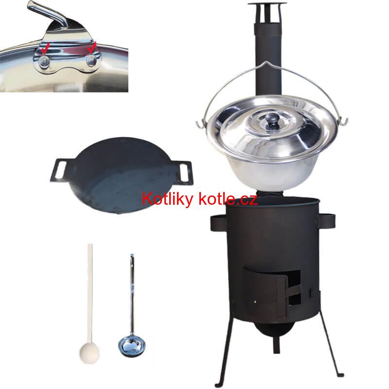 Nerezový kotlík 15 L (0,8 mm) s nýty + železná pánev 38 cm UNI + kotlina 36 cm PLUS 600 4 MM