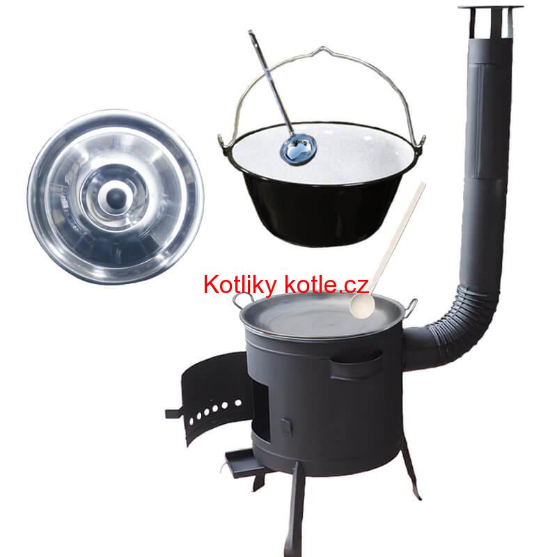 Smaltovaný kotlík 30 L (1,2 mm) + železná pánev 46 cm WOK + nízká žáruvzdorná kotlina 42 cm PLUS 600