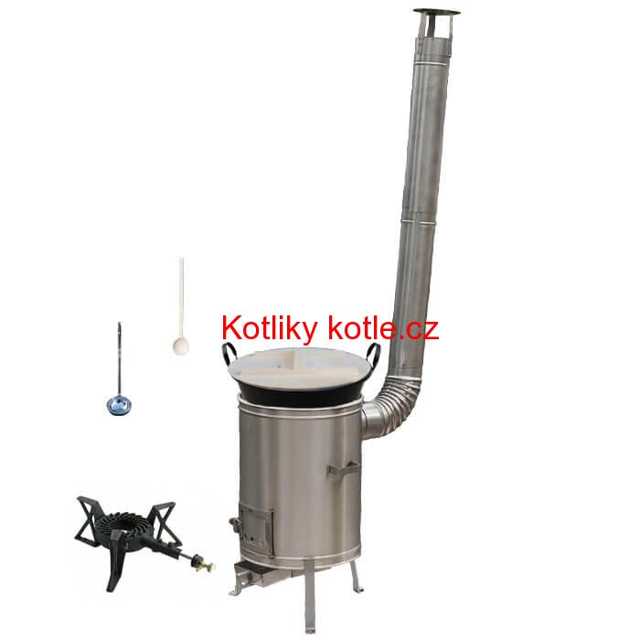Zabijačkový smaltovaný kotel 100 L + nerezová kotlina 60 cm + hořák 7 kW + vařečka a naběračka