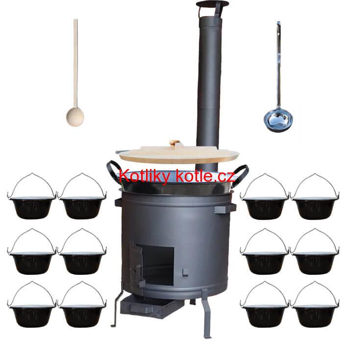 Smaltovaný kotel 100 L + servírovací kotlíky (24 ks) + vařečka a naběračka BIG PARTY PLUS 600