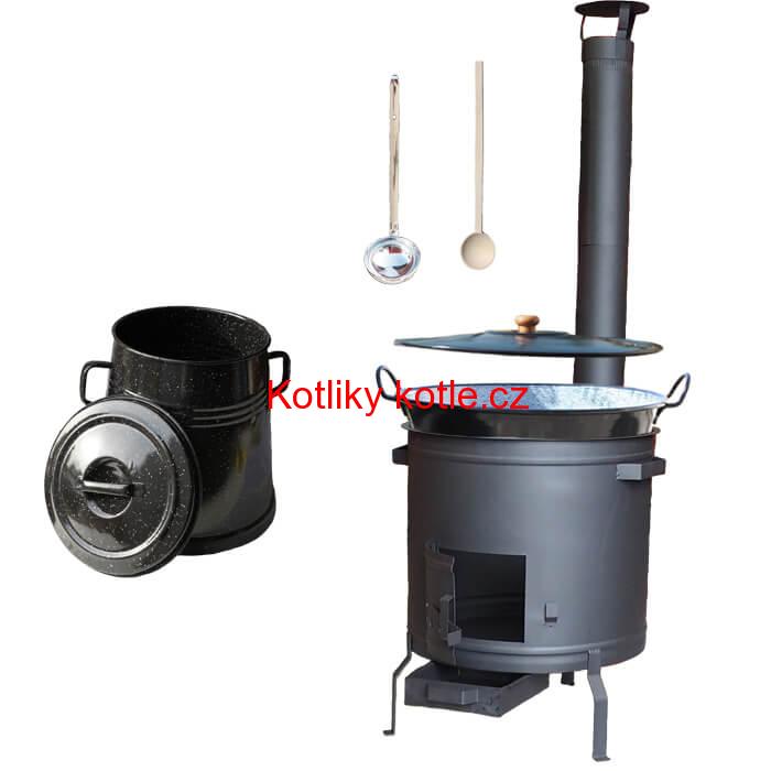Smaltovaný kotel 70 L + žáruvzdorná kotlina 53 cm PLUS 600 + Nádoba na sádlo 10 L