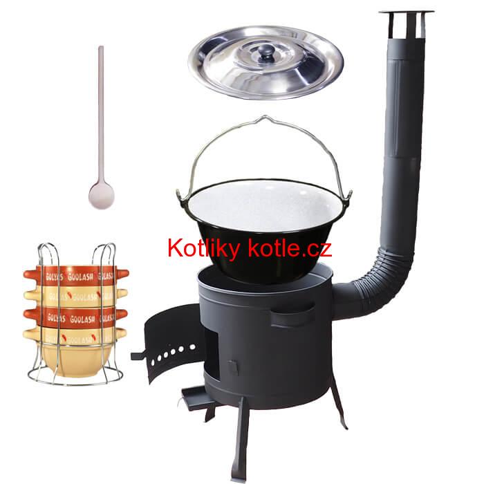 Smaltovaný kotlík 22 L (1,2 mm) + misky na guláš 4 ks + nízká žáruvzdorná kotlina 42 PLUS 600