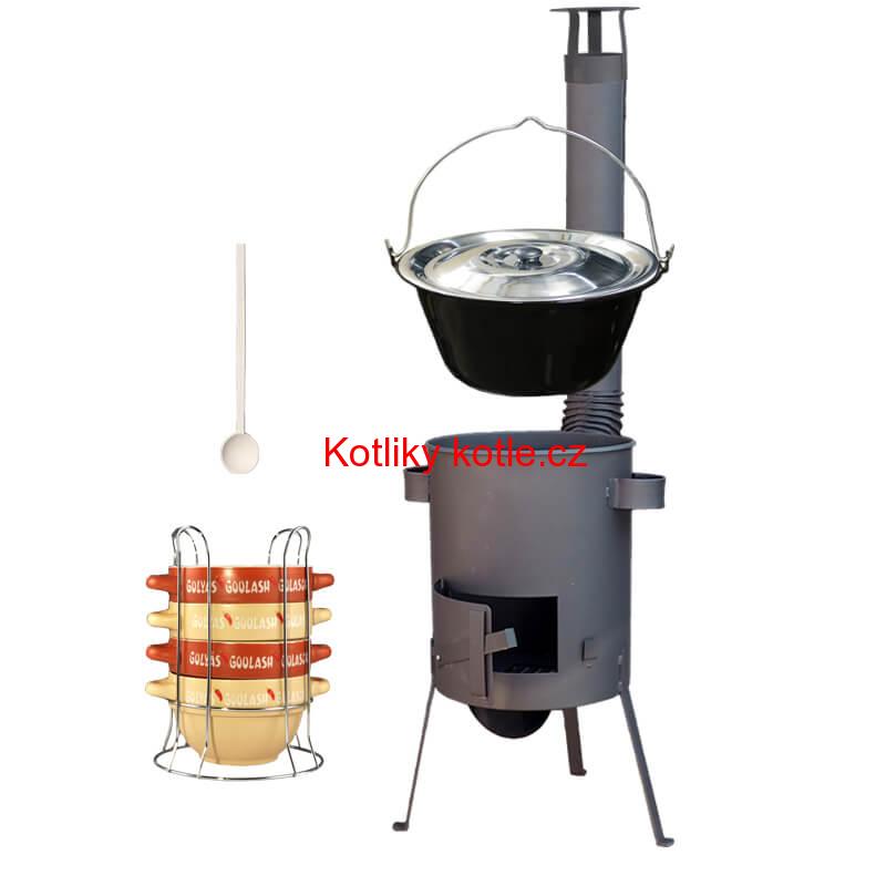 Smaltovaný kotlík 22 L (1,2 mm) + misky na guláš 4 ks + žáruvzdorná kotlina 42 PLUS 600 4 MM