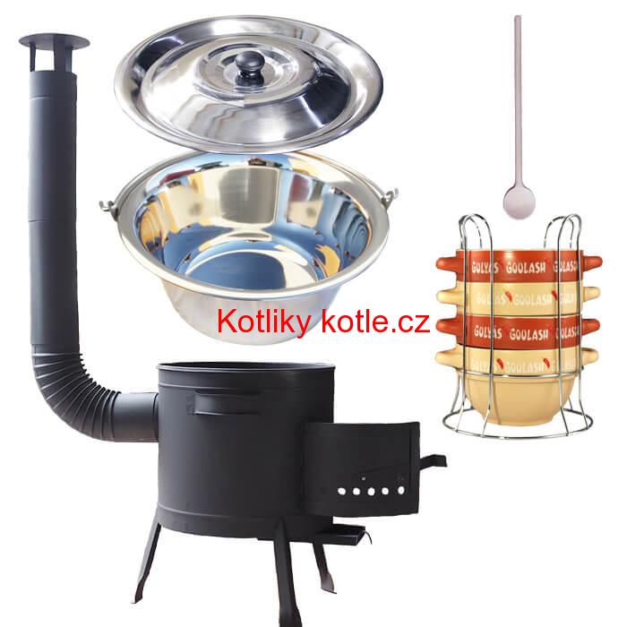 Nerezový kotlík 22 L (0,8 mm) INOX + misky na guláš 4 ks + nízká žáruvzdorná kotlina 42 PLUS 600