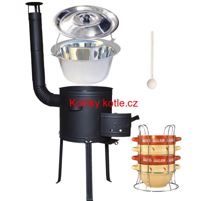 Nerezový kotlík 22 L (0,8 mm) INOX + misky na guláš 4 ks + nízká žáruvzdorná kotlina 42 PLUS 700