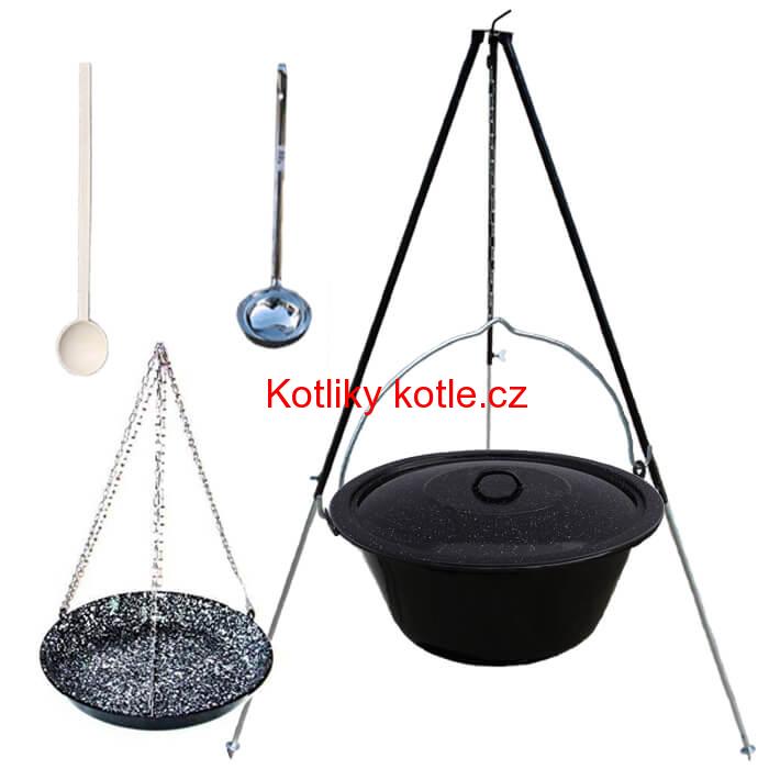 Smaltovaný kotlík 30 L + pánev na grilování + teleskopická trojnožka
