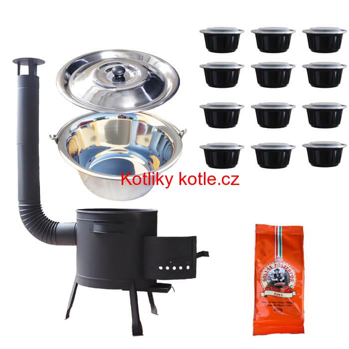 Nerezový kotlík 22 L (0,8 mm) + pepř na guláš 100 g + misky 12 ks + nízká žáruvzdorná kotlina (0,8 mm) 42 PLUS 600