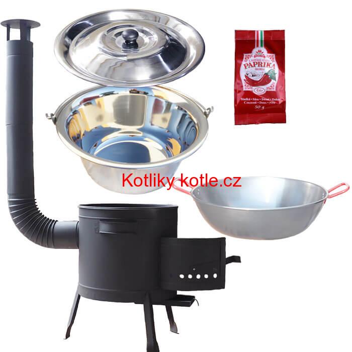 Nerezový kotlík 22 L (0,8 mm) INOX + Pánev PAELLA (WOK) 45 cm + sladká paprika 50 g + nízká kotlina 42 PLUS 600