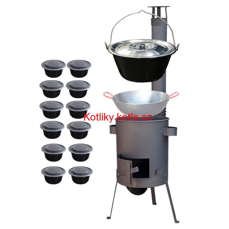 Smaltovaný kotlík 22 L + Pánev PAELLA (WOK) 45 cm + misky 12 ks + žáruvzdorná kotlina 42 PLUS 600 s roštem na popel 4 mm