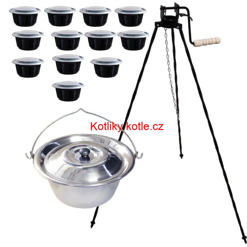 Nerezový kotlík 14 L (0,8 mm) INOX + stojan s kladkou VAR + misky 12 ks