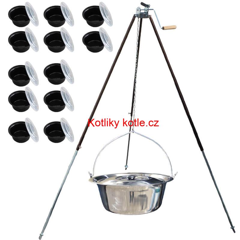 Nerezový kotlík 20 L (1,2 mm) + teleskopická trojnožka s pojistnou kladkou + misky 12 ks