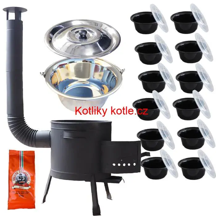 Nerezový kotlík 22 L (0,8 mm) INOX + silnostěnná (1,5 mm) žáruvzdorná kotlina BALKY STRONG 42 PLUS 600 + misky 12 ks + paprikové koření na guláš 100 g