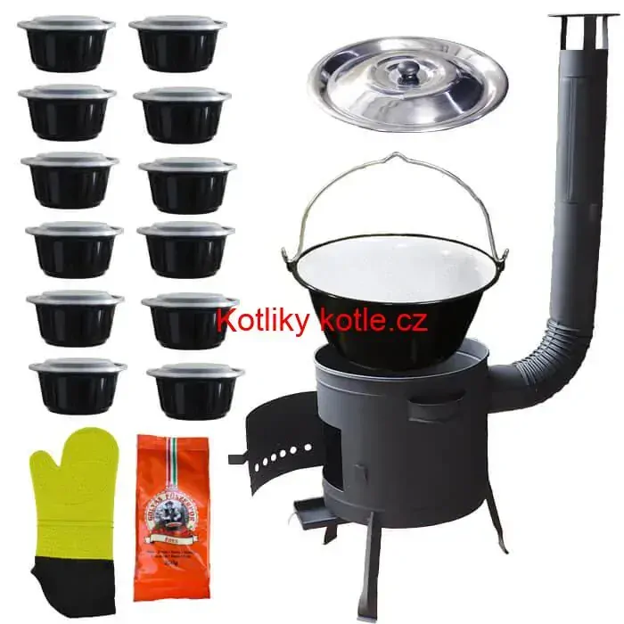 Smaltovaný kotlík 22 L (1,2 mm) + misky 12 ks + nízká žáruvzdorná kotlina (0,8 mm) 42 PLUS 600
