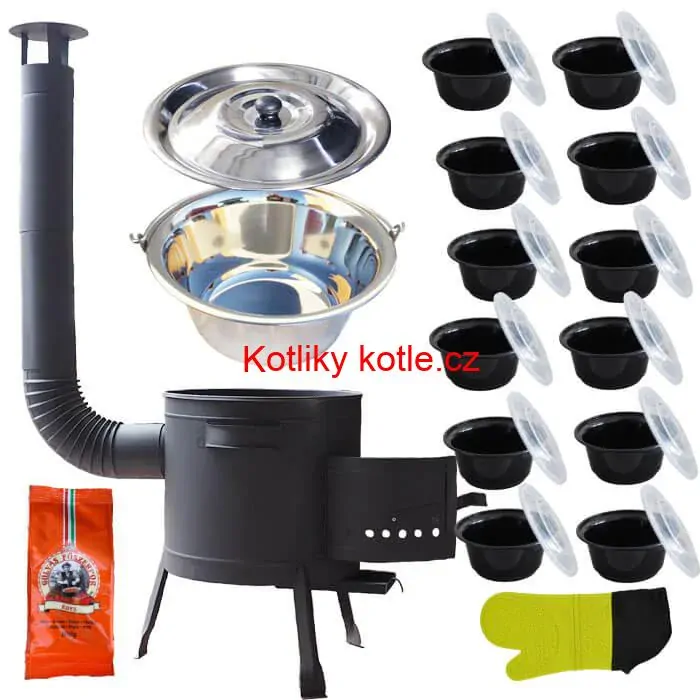 Nerezový kotlík 22 L (0,8 mm) + misky 12 ks + nízká žáruvzdorná kotlina (1,0 mm) 42 PLUS 600