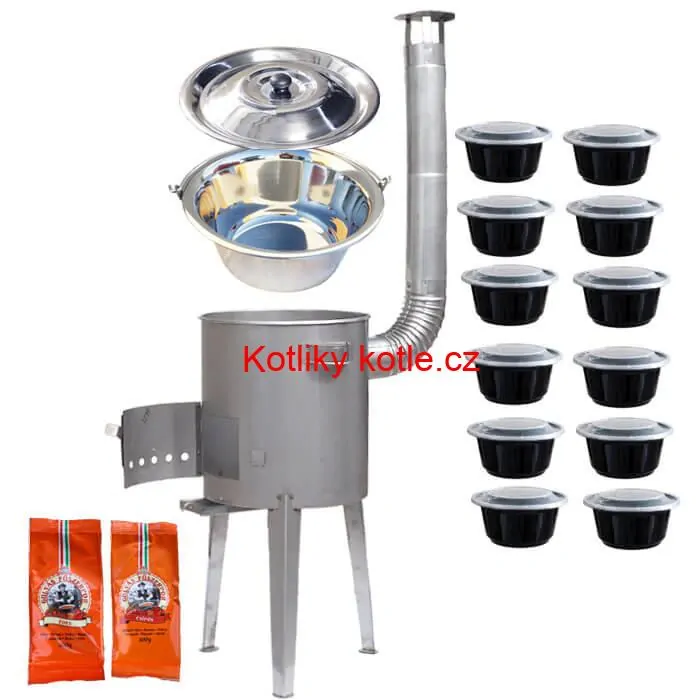 Nerezový kotlík 22 L (0,8 mm) INOX + nerezová kotlina 42 cm LUXUS + misky 12 ks + 2 x pepř na guláš 100 g