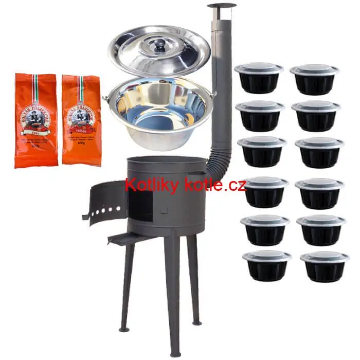 Nerezový kotlík 22 L (0,8 mm) INOX + vysoká žáruvzdorná kotlina (1,5 mm) HODO 42 cm PLUS 600 + misky 12 ks + 2 x pepř na guláš 100 g