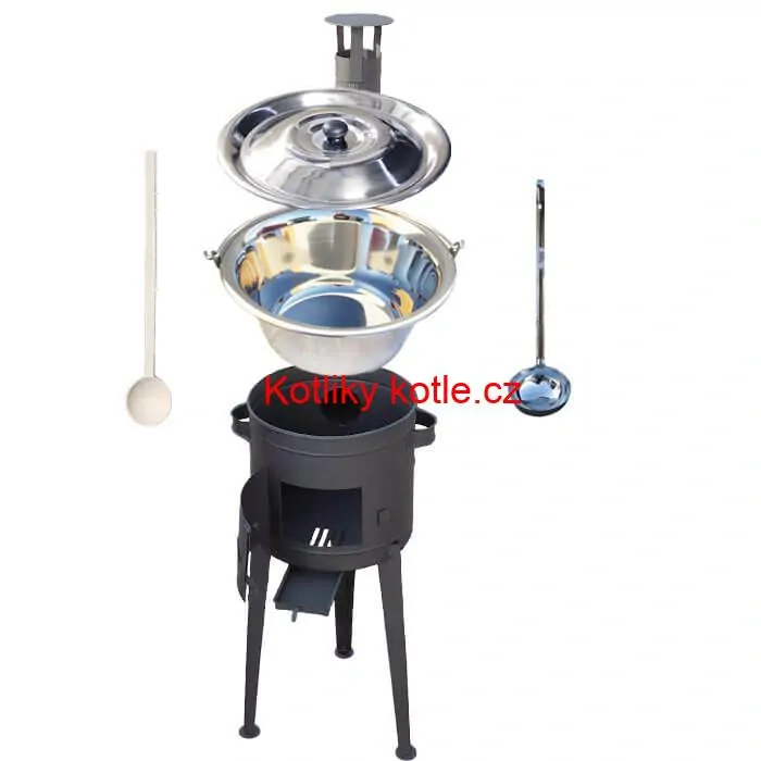 Nerezový kotlík 20 L (1,2 mm) INOX + vysoká žáruvzdorná kotlina (1,5 mm) HODO 42 cm PLUS 600 + vařečka + naběračka