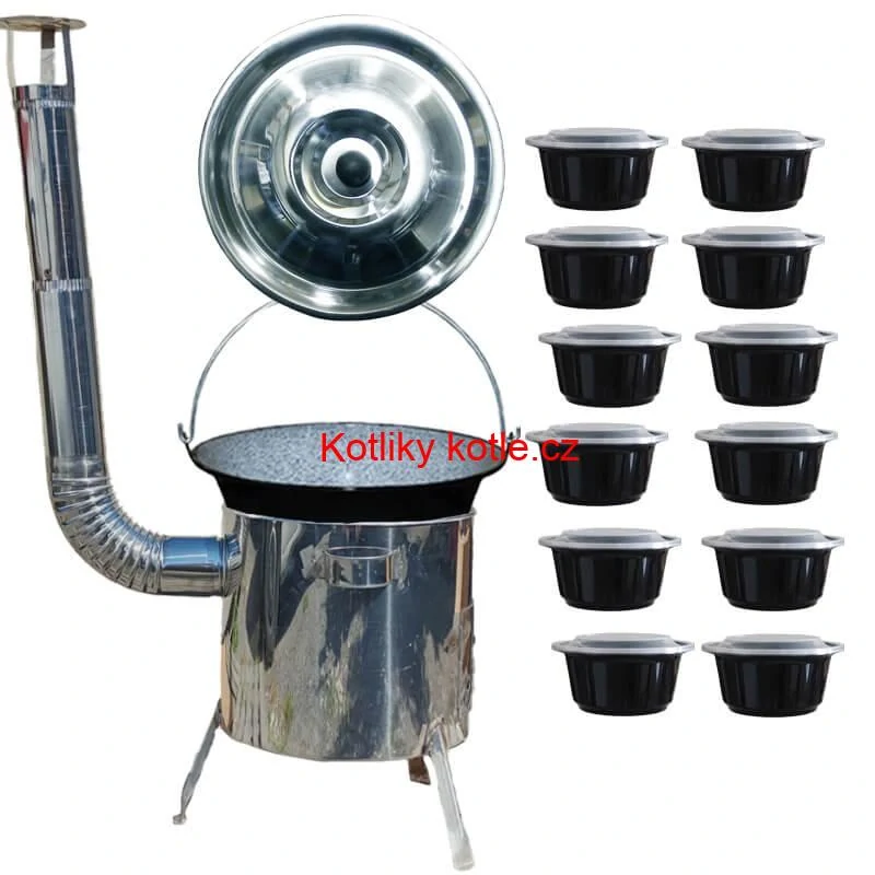 Smaltovaný kotlík 13 L + nerezová kotlina 36 INOX LUSTRO + misky 12 ks