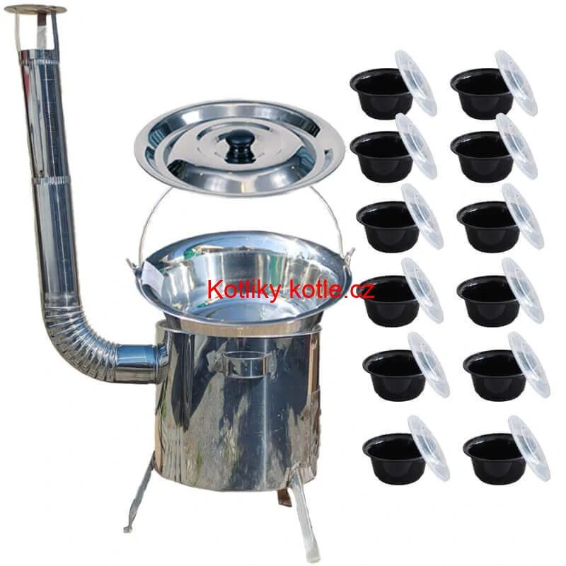 Nerezový kotlík 14 L (0,8 mm) INOX + Nerezová kotlina 36 INOX LUSTRO + misky 12 ks