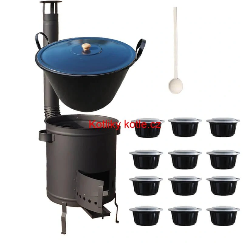Smaltovaný kotel 70 L + silná kovová kotlina 53 cm (2 mm) STRONG PLUS 600 + misky 12 ks
