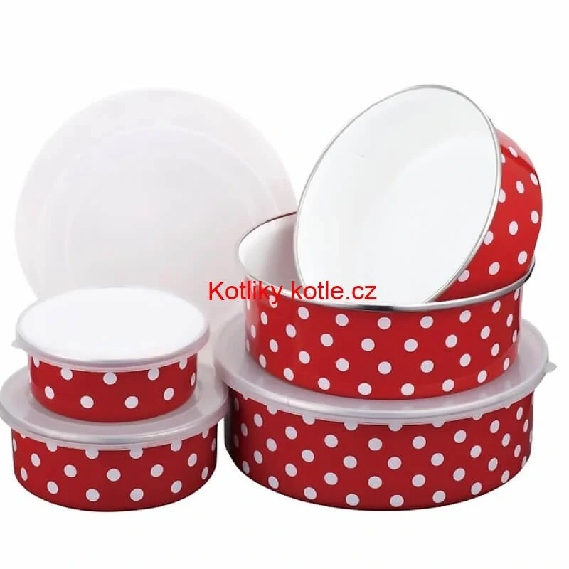 Smaltovaná sada 5 úložných dóz s tečkami