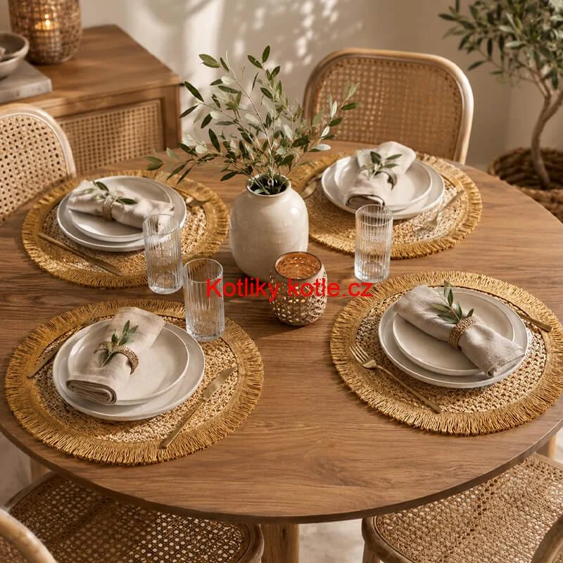 Kulaté přírodní podložky pod talíř se třásněmi 37 cm, 4 ks